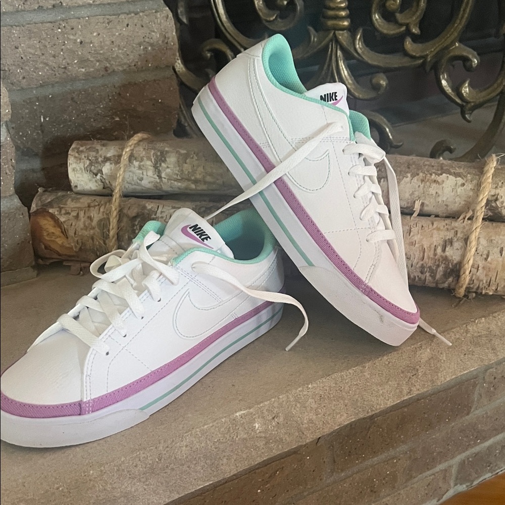 Nike Women's White and Mint Sneakers with Purple Trim